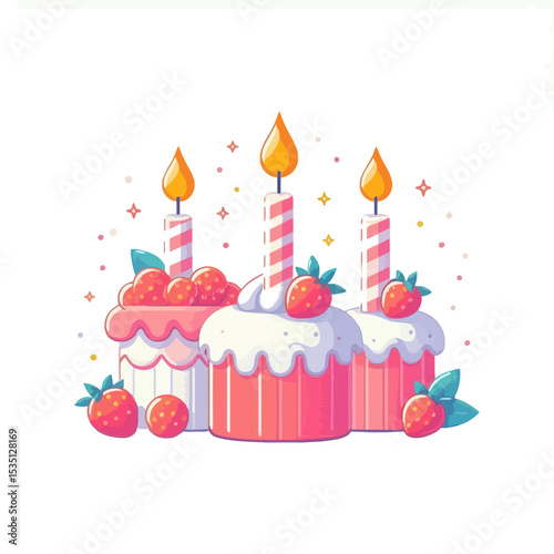 A group of three festive cupcakes with candles and strawberries, suitable for blogs or websites about celebrations, baking, or desserts.