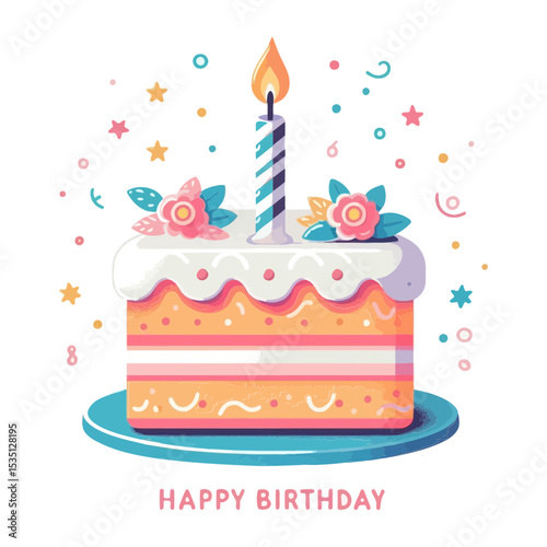 This image features a colorful birthday cake with a lit candle and festive decorations, perfect for websites or blogs celebrating birthdays or special occasions.

