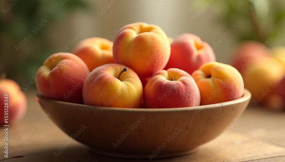 Juicy peaches in a wooden bowl on a rustic table with greenery Juicy peaches in a wooden bowl on a rustic table with greenery