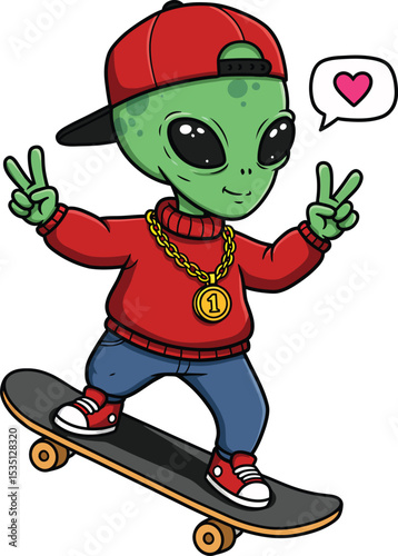 Cool alien skateboarding cartoon illustration
