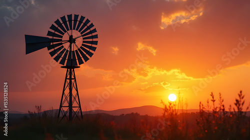 An isolated windmill against a vibrant sunset soft light enveloping blades nostalgic feel vibrant oranges and deep purples elegant landscape photography.