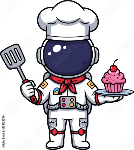 Astronaut chef serving a delicious pink cupcake