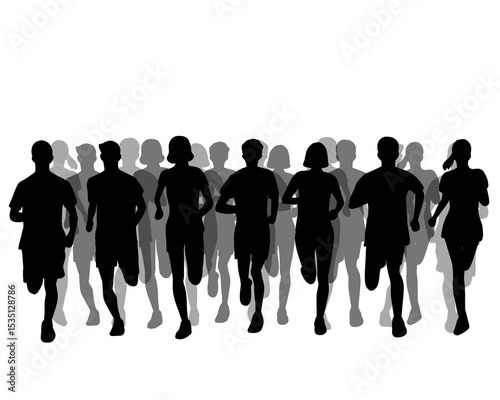 Silhouette of crowd of young people running, morning jogging, isolated icon on white background.