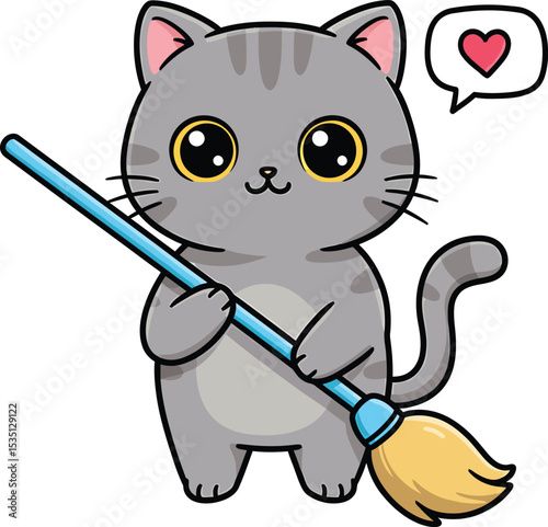 Adorable grey kitten holding a broom with a heart speech bubble