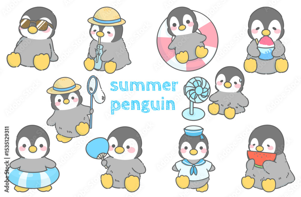 シンプルなペンギンの夏のイラストセット シンプルなペンギンの夏のイラストセット