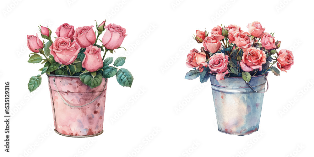 Obraz premium bucket of roses watercolor vector illustration