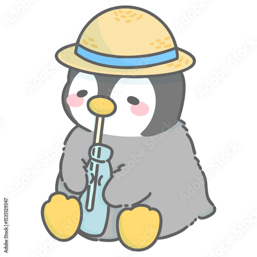 ラムネを飲むペンギンのイラスト