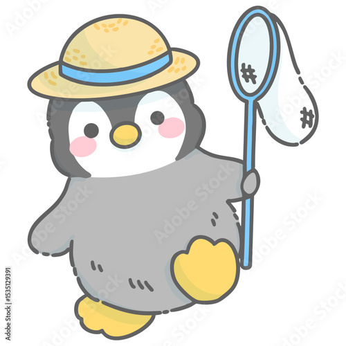 虫取りをするペンギンのイラスト