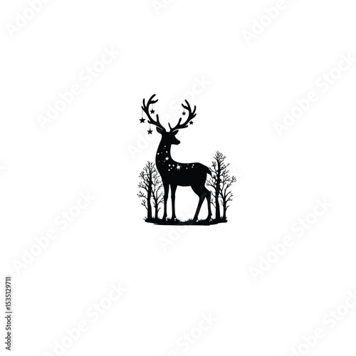 Silhouette of a magical deer glowing in a forest on white background