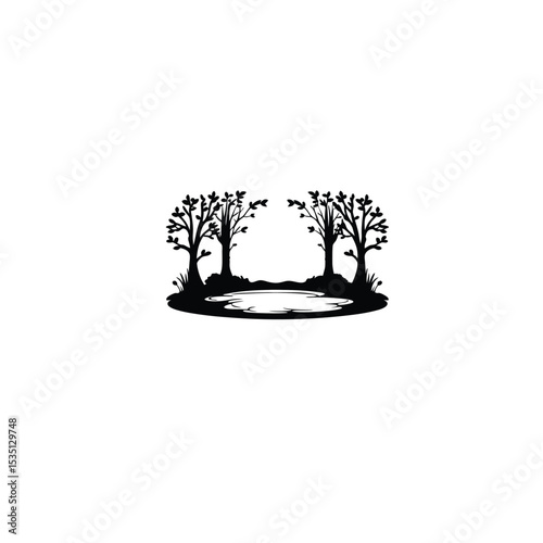Silhouette of a magical pond glowing in a dark forest on white background