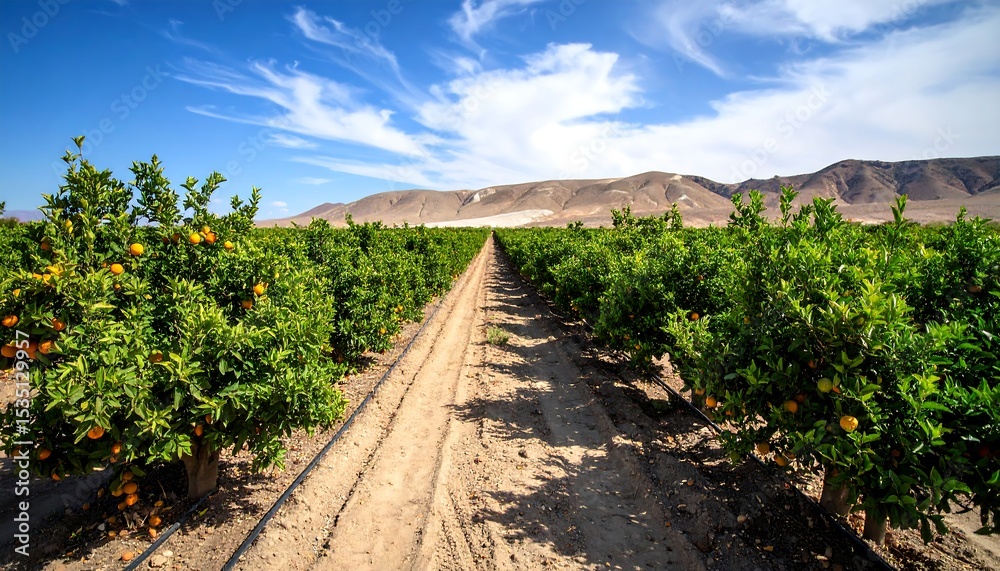 Naklejka premium Vast orange grove under a clear sky