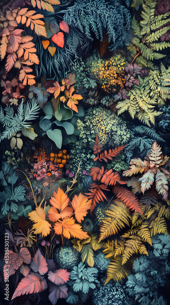 Fototapeta premium A vibrant collage of autumn foliage and ferns, showcasing a rich tapestry of colors and textures.