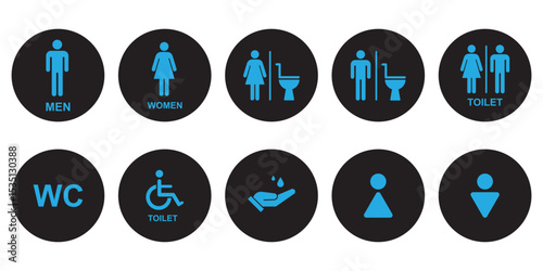  male and female toilet symbols. disabled icon. gender icon. restroom pictogram. Elevator and stairs public signage. WC signage on white  Background. eps 10 
