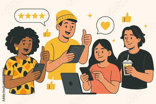 Flat design illustration of diverse group of people rating products online with stars and hearts, giving positive customer feedback using digital devices vector