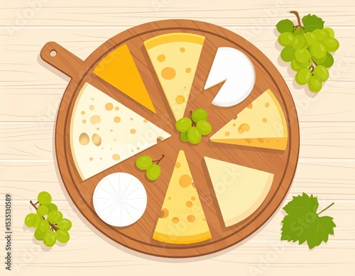 Assorted Cheese Selection On Wooden Board With Grapes