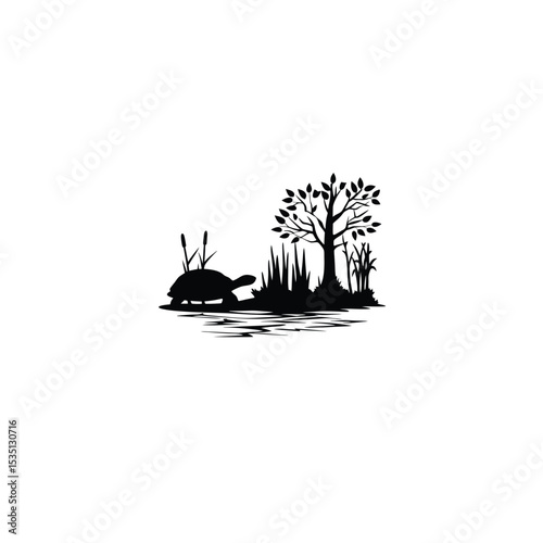Silhouette of a turtle crawling near a forest pond on white background