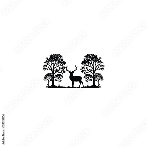 Silhouette of an elk standing in the middle of a forest clearing on white background