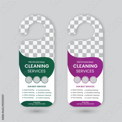 Cleaning service door hanger design template, hotel knob design.