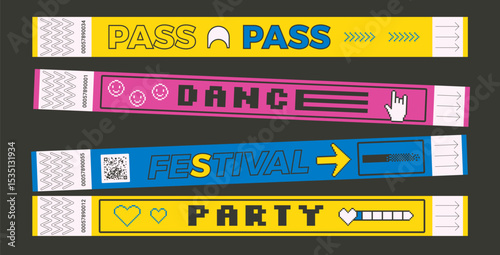Party or concert event bracelet tickets mockups set. Music festival wristbands in retro rave style. Hand dance nightclub pass access. Paper wrist band templates for y2k show. Vector security id.