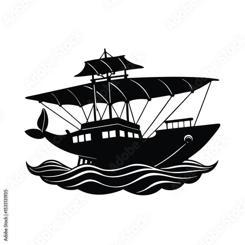 Black Silhouette Antique Flying Boat Sailing Coastal Waters vintage retro