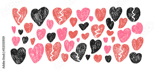 Broken hearts crayon drawn set. Breakup marker doodles isolated on white background. Love naive hand drawn painting elements. Vector pencil scribble illustration.