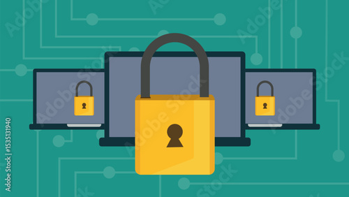 Concept of data security access. Shield, padlock on laptop screen protect sensitive data. Internet security, Data protection, data security. Vector illustration.