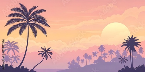 Tropical sunset with palm tree silhouettes on a beach
