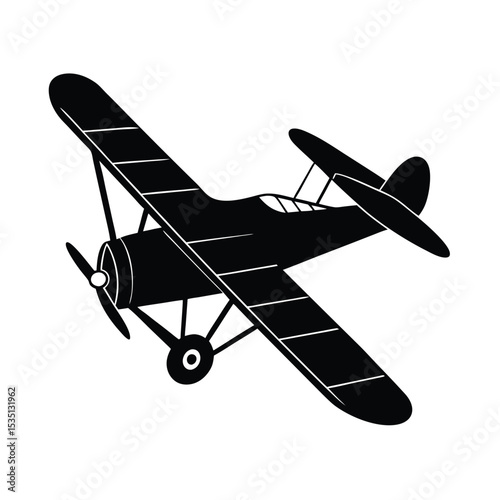 Black Silhouette Classic Biplane Airplane in Flight Prominent Wings Vintage Aircraft Design