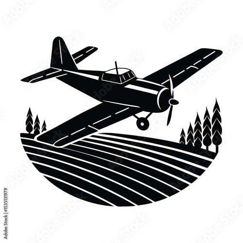 Black and White Illustration of Vintage Crop Duster Airplane Flying Over Farm Fields and Trees