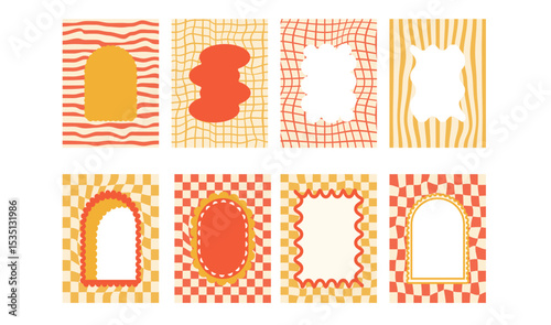Retro funky arch and geometric frames with groovy checkerboard background. Set of fun vintage orange color borders with scallop edges. Text boxes and callout templates. Vector illustration.