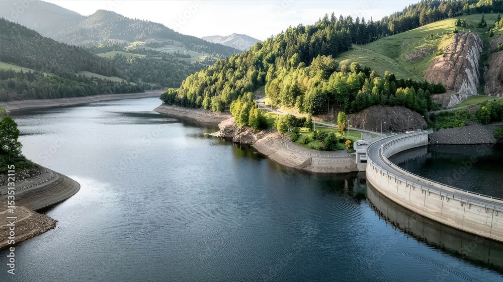 Fototapeta premium Scenic River Valley Overlooked by Forested Hills and Curving Reservoir Wall