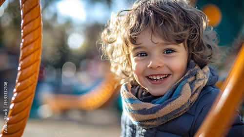Child smiling joyfully on a playground swing
