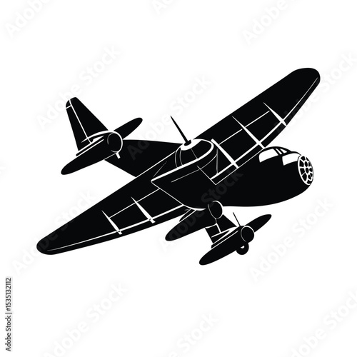 Black Silhouette Vintage Cargo Plane in Flight Twin Engine Propeller Aircraft Air Travel Retro Design