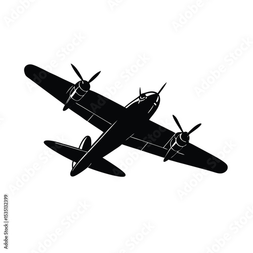 Black Silhouette Vintage Propeller Airplane Twin Engine Aircraft Top View Flight