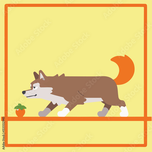 Cartoon Wolf Walking Past Fruit, Illustration, Yellow Background