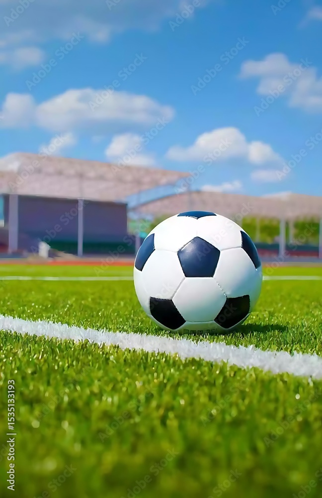 Fototapeta premium Generative AI Soccer Ball on Vivid Green Field Under a Bright Sky