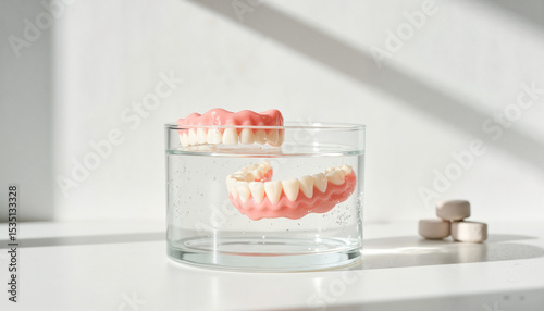 Fake dentures floating in water beside cleaning tablets on table  