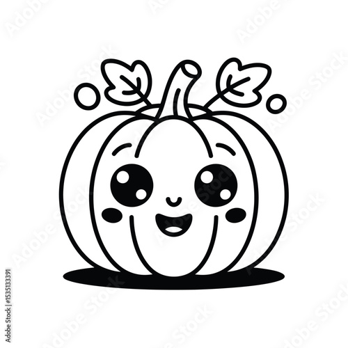 Pumpkin in black and white, a cute cartoon with a happy face. Ideal for fallthemed designs, Halloween, childrens illustrations.