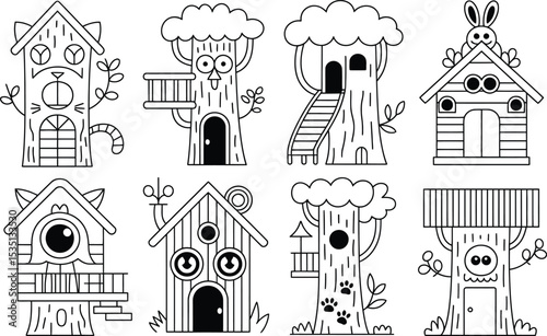 Set of cute cartoon tree houses and animal dwellings illustration