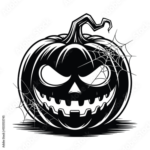 Spooky black and white Halloween pumpkin with spiderwebs. Ideal for Halloweenthemed designs, invitations, greeting cards, social media posts, and decorations.