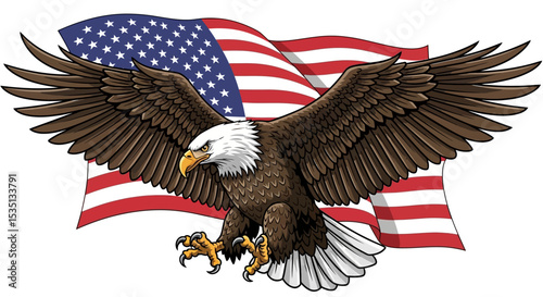 American Bald Eagle Soaring with the Stars and Stripes A Patriotism Illustration