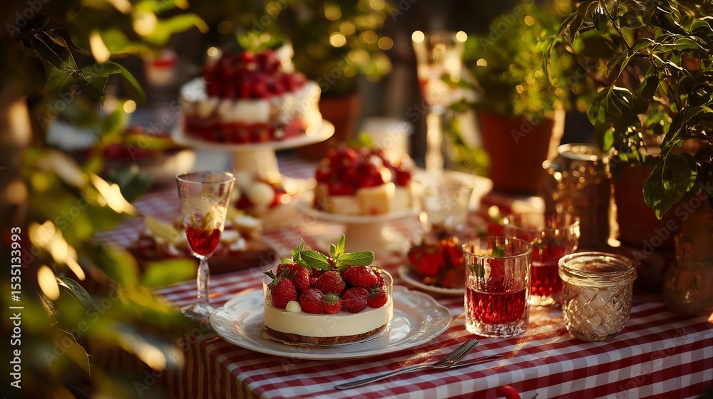 Naklejka premium Delicious dessert table adorned with fresh strawberries during a sunny afternoon gathering