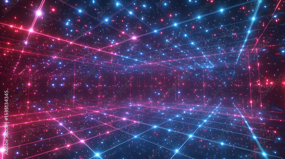 Fototapeta premium Futuristic Grid Room with Neon Lights and Starry Background