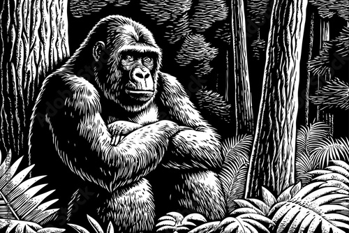 wise-looking gorilla sitting with crossed arms in a dense jungle black and white sketch vector