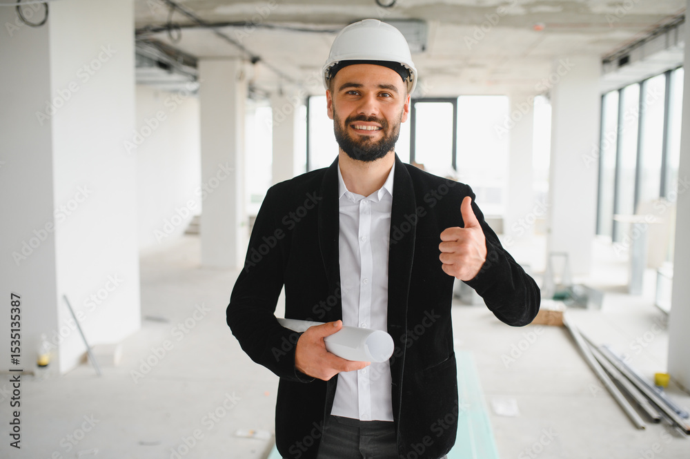 Architect gesturing thumbs up in unfinished building with blueprints Architect gesturing thumbs up in unfinished building with blueprints