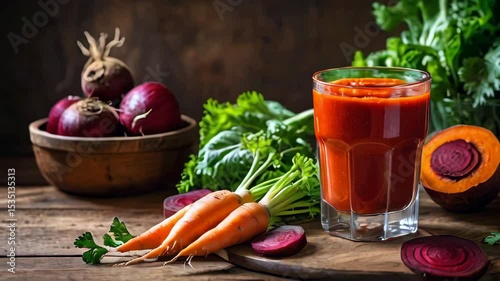 Fresh beetroot and carrot smoothie ingredients on rustic table