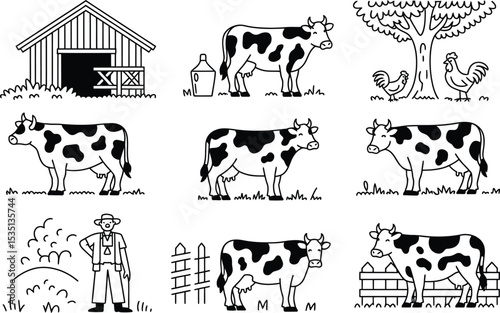 Farm life doodle set featuring cows barnyard animals farmer and barn