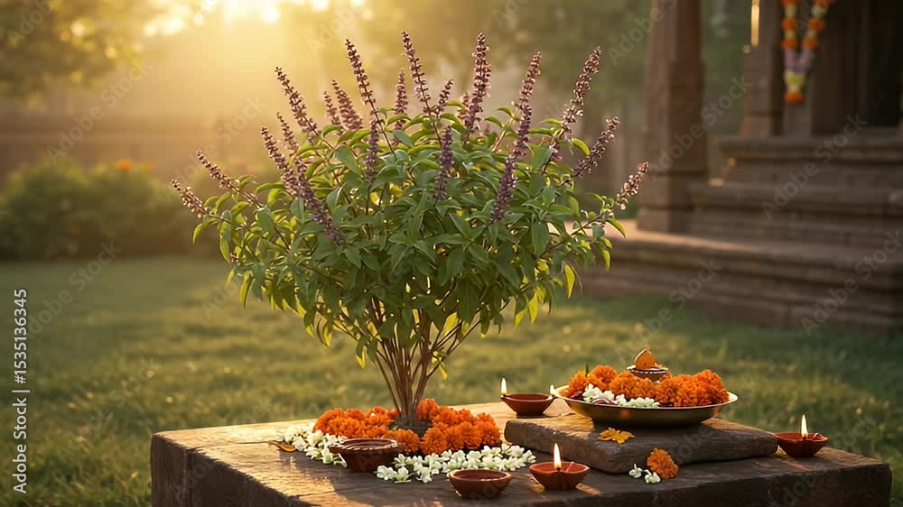 Lush Green Plant with Orange and White Flowers in Sunlight with Incense and a Temple in Background (tulsi)