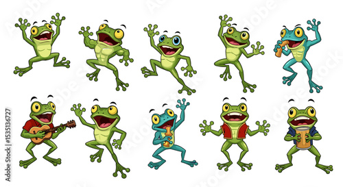 Cartoon frog characters set playing drinking
