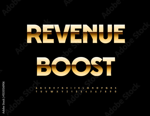 Vector Business logo Revenue Boost. Shiny Golden Font. Trendy Premium Alphabet Letters and Numbers set.